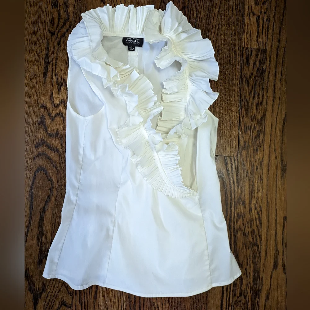 ADRIANNA PAPELL OCCASIONS Womens White Sleeveless Ruffled Neck Top Blouse~Size - Picture 1 of 3